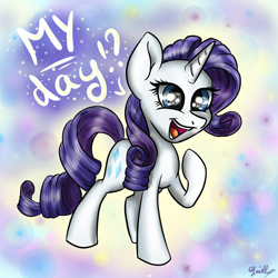 Size: 3024x3024 | Tagged: safe, artist:gaelledragons, imported from derpibooru, rarity, cute, dialogue, exclamation point, female, happy, interrobang, open mouth, question mark, raised hoof, rarity day, signature, solo, text