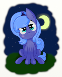 Size: 1181x1458 | Tagged: safe, artist:springveil, imported from derpibooru, princess luna, female, filly, looking at you, moon, night, smiling, solo, woona