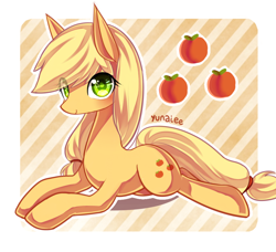 Size: 800x728 | Tagged: safe, artist:yunajee, imported from derpibooru, applejack, female, hatless, missing accessory, prone, solo