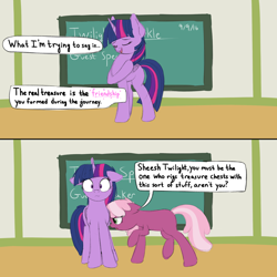 Size: 2000x2000 | Tagged: safe, artist:vanillaghosties, imported from derpibooru, cheerilee, twilight sparkle, alicorn, pony, chalkboard, comic, floppy ears, missing cutie mark, newbie artist training grounds, pushing, twilight sparkle (alicorn)