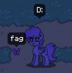 Size: 560x569 | Tagged: safe, imported from derpibooru, oc, oc only, oc:halo whooves, butterfly, pony, pony town, d:, vulgar