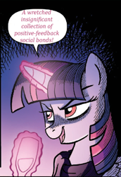 Size: 476x691 | Tagged: safe, artist:tonyfleecs, edit, idw, imported from derpibooru, twilight sparkle, twilight sparkle (alicorn), alicorn, pony, ponies of dark water, spoiler:comic, spoiler:comic45, castlevania, clothes, glass, magic, meme, scarf, smuglight sparkle, telekinesis, text, tyrant sparkle, what is a man