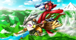 Size: 3000x1582 | Tagged: safe, artist:n-prophet, imported from derpibooru, oc, oc only, oc:charlene, griffon, pony, unicorn, bandage, bandana, cloud, flying, happy, heterochromia, mountain, ponies riding griffons, riding, river