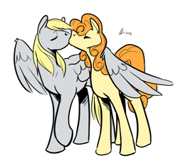 Size: 1280x1147 | Tagged: safe, artist:rwl, imported from derpibooru, carrot top, derpy hooves, golden harvest, earth pony, pegasus, pony, cute, derpytop, female, food, hug, kissing, lesbian, mare, muffin, shipping, winghug