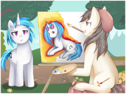 Size: 1620x1220 | Tagged: safe, artist:meewin, imported from derpibooru, dj pon-3, vinyl scratch, oc, oc:moon brush, mouth hold, paintbrush, painting