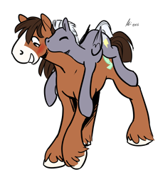 Size: 1242x1398 | Tagged: safe, artist:rwl, imported from derpibooru, thunderlane, trouble shoes, earth pony, pegasus, pony, blushing, carrying, cheek kiss, crack shipping, eyes closed, gay, kiss on the cheek, kissing, male, ponies riding ponies, raised hoof, riding, shipping, simple background, smiling, stallion, thunderlane riding trouble shoes, thundershoes, white background