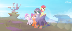 Size: 2520x1080 | Tagged: safe, artist:opticspectrum, imported from derpibooru, apple bloom, gabby, scootaloo, sweetie belle, earth pony, griffon, pegasus, pony, unicorn, the fault in our cutie marks, chromatic aberration, cutie mark, cutie mark crusaders, female, filly, griffonstone, missing accessory, the cmc's cutie marks