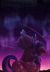 Size: 1506x2160 | Tagged: safe, artist:starblaze25, imported from derpibooru, spike, twilight sparkle, alicorn, dragon, pony, aurora borealis, butt, dragons riding ponies, duo, female, male, mare, night, plot, rear view, riding, shooting star, spike riding twilight, stargazing, starry night, stars, twibutt, twilight (astronomy), twilight sparkle (alicorn)