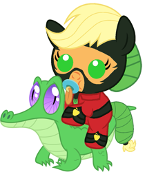 Size: 811x967 | Tagged: safe, artist:red4567, imported from derpibooru, applejack, gummy, mistress marevelous, pony, power ponies (episode), applejack riding gummy, baby, baby pony, babyjack, cute, foal, jackabetes, pacifier, ponies riding gators, power ponies, riding, weapons-grade cute