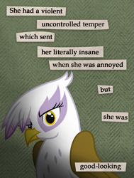 Size: 985x1302 | Tagged: safe, artist:icaron, imported from derpibooru, gilda, griffon, caption, guide to troubled birds, parody, show accurate