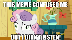 Size: 1920x1080 | Tagged: safe, edit, edited screencap, imported from derpibooru, screencap, sweetie belle, the fault in our cutie marks, exploitable meme, i didn't listen, image macro, meme