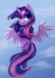 Size: 644x910 | Tagged: safe, artist:kukseleg, imported from derpibooru, twilight sparkle, alicorn, pony, female, flying, looking back, solo, tongue out, twilight sparkle (alicorn)