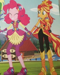 Size: 1024x1280 | Tagged: safe, imported from derpibooru, pinkie pie, sunset shimmer, equestria girls, legend of everfree, crystal guardian, geode of empathy, geode of sugar bombs, holding hands, legend of everfree – save our camp, magic, magical geodes, ponied up, rubber boots