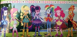 Size: 1005x491 | Tagged: safe, imported from derpibooru, applejack, fluttershy, pinkie pie, rainbow dash, rarity, sci-twi, sunset shimmer, twilight sparkle, equestria girls, legend of everfree, balloon, boots, clothes, crystal guardian, crystal wings, geode of empathy, geode of fauna, geode of shielding, geode of sugar bombs, geode of super speed, geode of super strength, geode of telekinesis, glasses, high heel boots, humane five, humane seven, humane six, jewelry, legend of everfree – save our camp, magical geodes, ponied up, ponytail, rainbow dash always dresses in style, rubber boots, scitwilicorn, shoes, sleeveless, sneakers, sparkles, sun, wings