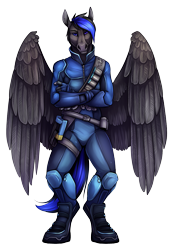 Size: 1869x2685 | Tagged: safe, artist:tazara, imported from derpibooru, oc, oc only, oc:8-bit, anthro, anthro oc, clothes, flight suit, solo, thunderbirds, uniform
