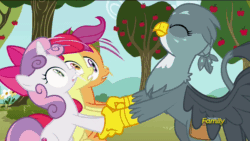 Size: 902x508 | Tagged: safe, imported from derpibooru, screencap, apple bloom, gabby, scootaloo, sweetie belle, griffon, the fault in our cutie marks, animated, cutie mark crusaders, female, gif, hoofshake, loop, perfect loop, shaking