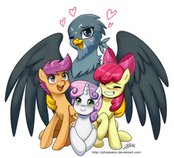 Size: 1100x997 | Tagged: safe, artist:johnjoseco, imported from derpibooru, apple bloom, gabby, scootaloo, sweetie belle, earth pony, griffon, pegasus, pony, unicorn, the fault in our cutie marks, apple bloom's bow, applelove, blushing, bow, c:, cute, cutie mark crusaders, eyes closed, female, filly, foal, grin, hair bow, heart, hug, looking at you, one eye closed, open mouth, prone, raised hoof, scootalove, simple background, sitting, smiling, sweetielove, white background, wink