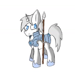 Size: 974x936 | Tagged: artist needed, safe, imported from derpibooru, oc, oc only, oc:silver spark, pony, blue eyes, male, royal guard, royal guard armor, solo, spear, stallion, weapon