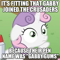 Size: 500x500 | Tagged: safe, imported from derpibooru, gabby, sweetie belle, the fault in our cutie marks, exploitable meme, fridge brilliance, gabby gums, image macro, meme, sudden clarity sweetie belle