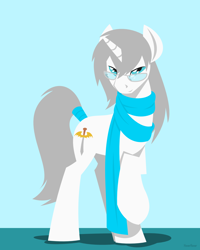 Size: 1280x1600 | Tagged: safe, artist:hoverrover, imported from derpibooru, oc, oc only, oc:silver spark, pony, unicorn, blue eyes, clothes, cutie mark, glasses, hooves, horn, lineless, male, raised hoof, scarf, solo, stallion, tail wrap