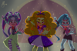 Size: 2887x1929 | Tagged: safe, artist:croquines, artist:polymercorgi, imported from derpibooru, adagio dazzle, aria blaze, sonata dusk, equestria girls, rainbow rocks, female, looking at you, scene interpretation, singing, sleeveless, the dazzlings, trio, welcome to the show