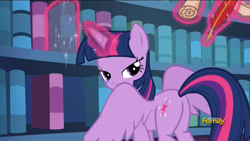 Size: 1920x1080 | Tagged: safe, imported from derpibooru, screencap, twilight sparkle, alicorn, pony, season 6, the fault in our cutie marks, book, butt, discovery family logo, female, library, lidded eyes, looking at you, looking back at you, looking over shoulder, magic, mare, out of context, parchment, plot, quill pen, smiling, solo, spread wings, telekinesis, that pony sure does love books, twibutt, twilight sparkle (alicorn), twilight's castle, twilight's castle library