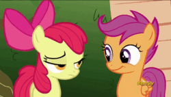 Size: 848x480 | Tagged: safe, imported from derpibooru, screencap, apple bloom, scootaloo, pony, the fault in our cutie marks, gif, non-animated gif, reaction image, unamused