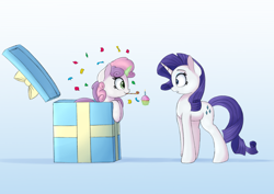 Size: 1977x1396 | Tagged: safe, artist:vanillaghosties, imported from derpibooru, rarity, sweetie belle, pony, unicorn, birthday candles, bow, box, candle, confetti, cupcake, cute, diasweetes, female, filly, food, gradient background, magic, mare, party horn, pony in a box, present, smiling, surprised, telekinesis, unexpected