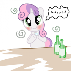 Size: 850x850 | Tagged: safe, artist:ehfkdl569, imported from derpibooru, sweetie belle, pony, unicorn, :3, alcohol, catface, drunk, drunker belle, drunkie belle, female, solo, tipsy, underaged drinking