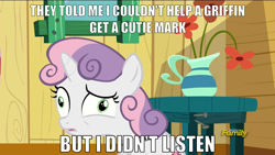 Size: 1920x1080 | Tagged: safe, edit, edited screencap, imported from derpibooru, screencap, sweetie belle, the fault in our cutie marks, exploitable meme, faic, i didn't listen, image macro, meme