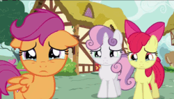 Size: 848x480 | Tagged: safe, imported from derpibooru, screencap, apple bloom, scootaloo, sweetie belle, pony, the fault in our cutie marks, crying, cutie mark crusaders, floppy ears, frown, gif, non-animated gif, reaction image, sad