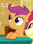 Size: 116x153 | Tagged: safe, imported from derpibooru, screencap, apple bloom, gabby, scootaloo, earth pony, griffon, pegasus, pony, the fault in our cutie marks, animated, aside glance, breaking the fourth wall, female, gif, gif for breezies, looking at you, picture for breezies, reaction image, solo focus