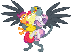 Size: 4154x3000 | Tagged: safe, artist:jeatz-axl, imported from derpibooru, apple bloom, gabby, scootaloo, sweetie belle, griffon, the fault in our cutie marks, .svg available, absurd resolution, bear hug, cutie mark crusaders, eyes closed, hug, open mouth, simple background, the cmc's cutie marks, this will end in tears and/or death, tight, transparent background, vector