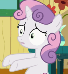 Size: 437x475 | Tagged: safe, imported from derpibooru, screencap, sweetie belle, pony, unicorn, the fault in our cutie marks, confused, cropped, female, filly, gif, non-animated gif, reaction image, sitting, solo