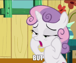 Size: 578x480 | Tagged: safe, imported from derpibooru, screencap, sweetie belle, pony, unicorn, the fault in our cutie marks, animated, caption, confused, cute, derp, diasweetes, faic, female, flower, gif, image macro, reaction image, solo, text, vase