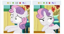 Size: 640x346 | Tagged: safe, edit, edited screencap, imported from derpibooru, screencap, sweetie belle, pony, unicorn, derpibooru, the fault in our cutie marks, confused, consider the following, cropped, dab, female, filly, juxtaposition, meta, reaction image, sitting, solo, to the window to the wall