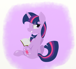 Size: 1422x1300 | Tagged: safe, artist:springveil, imported from derpibooru, twilight sparkle, book, female, looking at you, looking back, smiling, solo