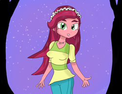 Size: 4244x3274 | Tagged: safe, artist:mildockart, imported from derpibooru, gloriosa daisy, equestria girls, legend of everfree, absurd resolution, clothes, female, flower, flower in hair, freckles, geode of fauna, geode of shielding, geode of sugar bombs, geode of super speed, geode of super strength, looking at you, magical geodes, shorts, solo