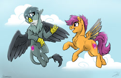 Size: 1400x900 | Tagged: safe, artist:shimazun, imported from derpibooru, gabby, scootaloo, cyborg, cyborg pony, griffon, pegasus, pony, the fault in our cutie marks, amputee, artificial wings, augmented, cutie mark, enhanced mode, female, gabbyloo, lesbian, mechanical wing, older, older scootaloo, prosthetic limb, prosthetic wing, prosthetics, scootaloo can fly, scootaloo can't fly, shipping, tattoo, the cmc's cutie marks, wings