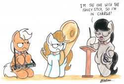 Size: 2177x1477 | Tagged: safe, artist:bobthedalek, imported from derpibooru, beauty brass, frederic horseshoepin, octavia melody, earth pony, pony, backwards cutie mark, baton, keyboard, musical instrument, sousaphone, traditional art, trio, unamused