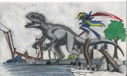 Size: 2462x1471 | Tagged: safe, artist:smcho1014, deleted from derpibooru, imported from derpibooru, rainbow dash, dinosaur, equestria girls, colored pencil drawing, female, hybrid dinosaur, indominus rex, jurassic world, sword, traditional art, weapon