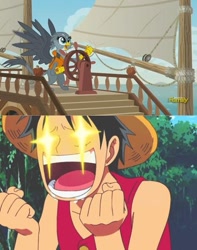 Size: 421x534 | Tagged: safe, edit, edited screencap, imported from derpibooru, screencap, gabby, griffon, the fault in our cutie marks, meme, monkey d luffy, monkey d. luffy, one piece, ship