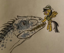 Size: 2463x2030 | Tagged: safe, artist:smcho1014, deleted from derpibooru, imported from derpibooru, daring do, pegasus, pony, colored pencil drawing, female, flying, hybrid dinosaur, indominus rex, jurassic world, mare, size difference, traditional art