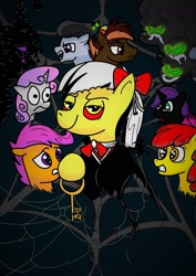 Size: 1240x1754 | Tagged: safe, artist:blue-woad, imported from derpibooru, apple bloom, button mash, rumble, scootaloo, sweetie belle, oc, oc:carnival cat, oc:nyx, oc:sludge, alicorn, pony, alicorn oc, key, spider web