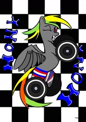 Size: 1240x1754 | Tagged: safe, artist:blue-woad, imported from derpibooru, oc, oc only, oc:wheely bopper, original species, pony, wheelpone, bipedal, grin, looking at you, one eye closed, smiling, wink
