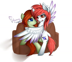 Size: 1024x878 | Tagged: safe, artist:shan3ng, imported from derpibooru, oc, oc only, pegasus, pony, :3, colored pupils, couch, duo, duo female, female, lesbian, looking at you, signature, simple background, smiling, white background