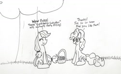 Size: 1446x892 | Tagged: safe, artist:ponybytesketches, imported from derpibooru, applejack, pinkie pie, cupcake, eating, food, monochrome, newbie artist training grounds