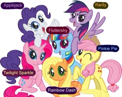 Size: 564x447 | Tagged: safe, imported from derpibooru, applejack, fluttershy, pinkie pie, rainbow dash, rarity, twilight sparkle, blatant lies, mane six, mane six opening poses, one eye closed, open mouth, prone, raised hoof, recolor, simple background, sitting, smiling, smirk, spread wings, wat, white background, wink, xk-class end-of-the-world scenario