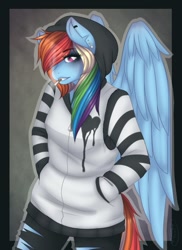 Size: 536x737 | Tagged: safe, artist:rainbowhitter, imported from derpibooru, rainbow dash, anthro, pegasus, cigarette, clothes, ear piercing, earring, emo, emodash, eyelashes, female, hand in pocket, hat, hoodie, jewelry, mare, piercing, rainbow dash always dresses in style, smoking, solo