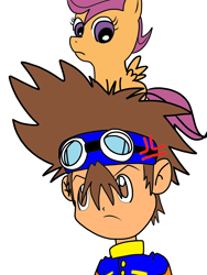 Size: 3072x4096 | Tagged: safe, artist:omegaridersangou, imported from derpibooru, scootaloo, digimon, digimon adventure, hentai, pun, scootachicken, tai kamiya, taichi yagami, visual pun